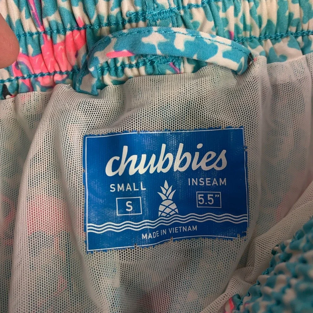 Chubbies Flamin-Gos Swim Trunks Mens Small Teal Pink Leopard Flamingo 5.5 Inseam
